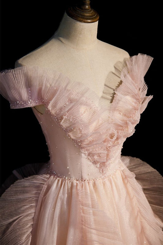 Robe de soirée longue rose en tulle, épaules dénudées, coupe trapèze, MD7794