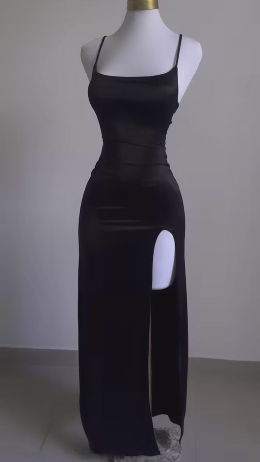 Robe de soirée longue en satin noir à bretelles spaghetti, simple et fourreau, MD7801
