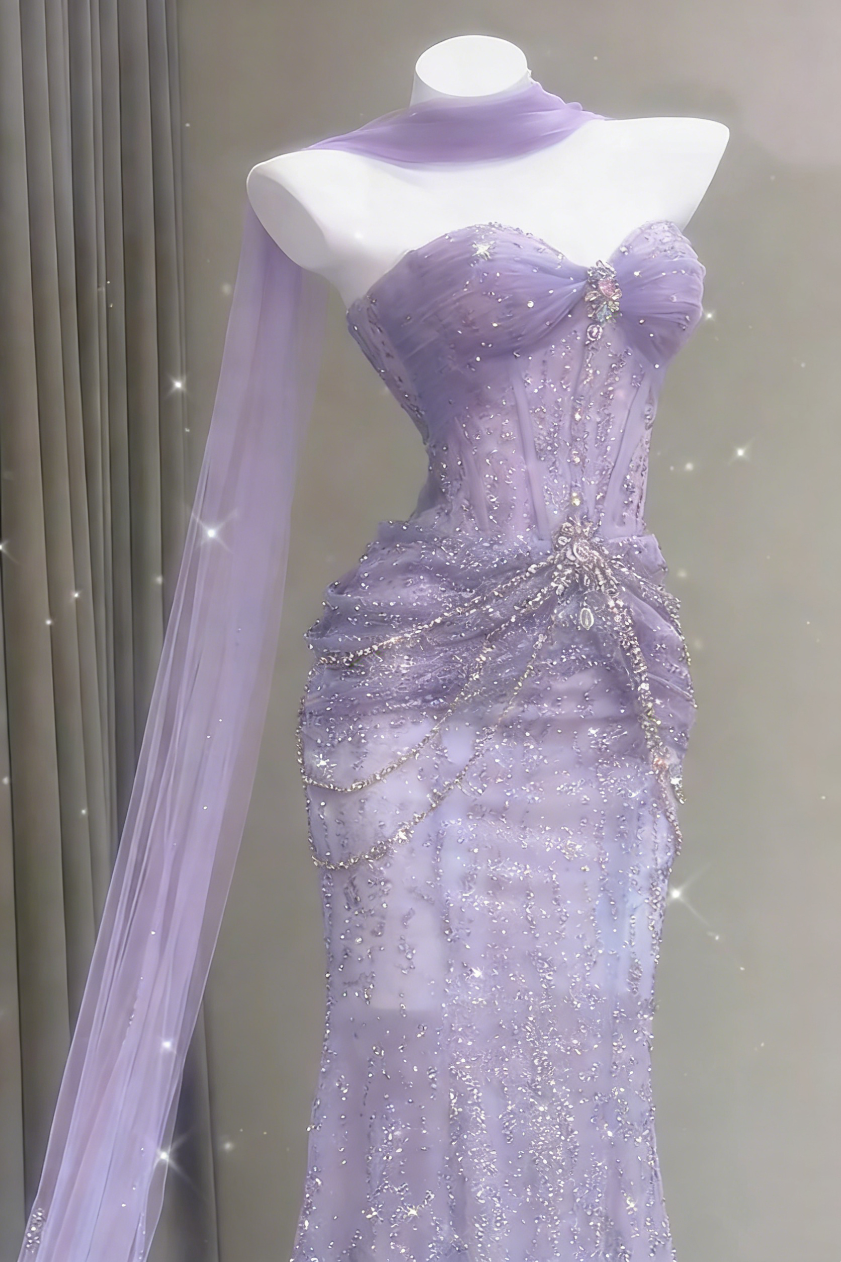 Mermaid light purple evening dress detail view 