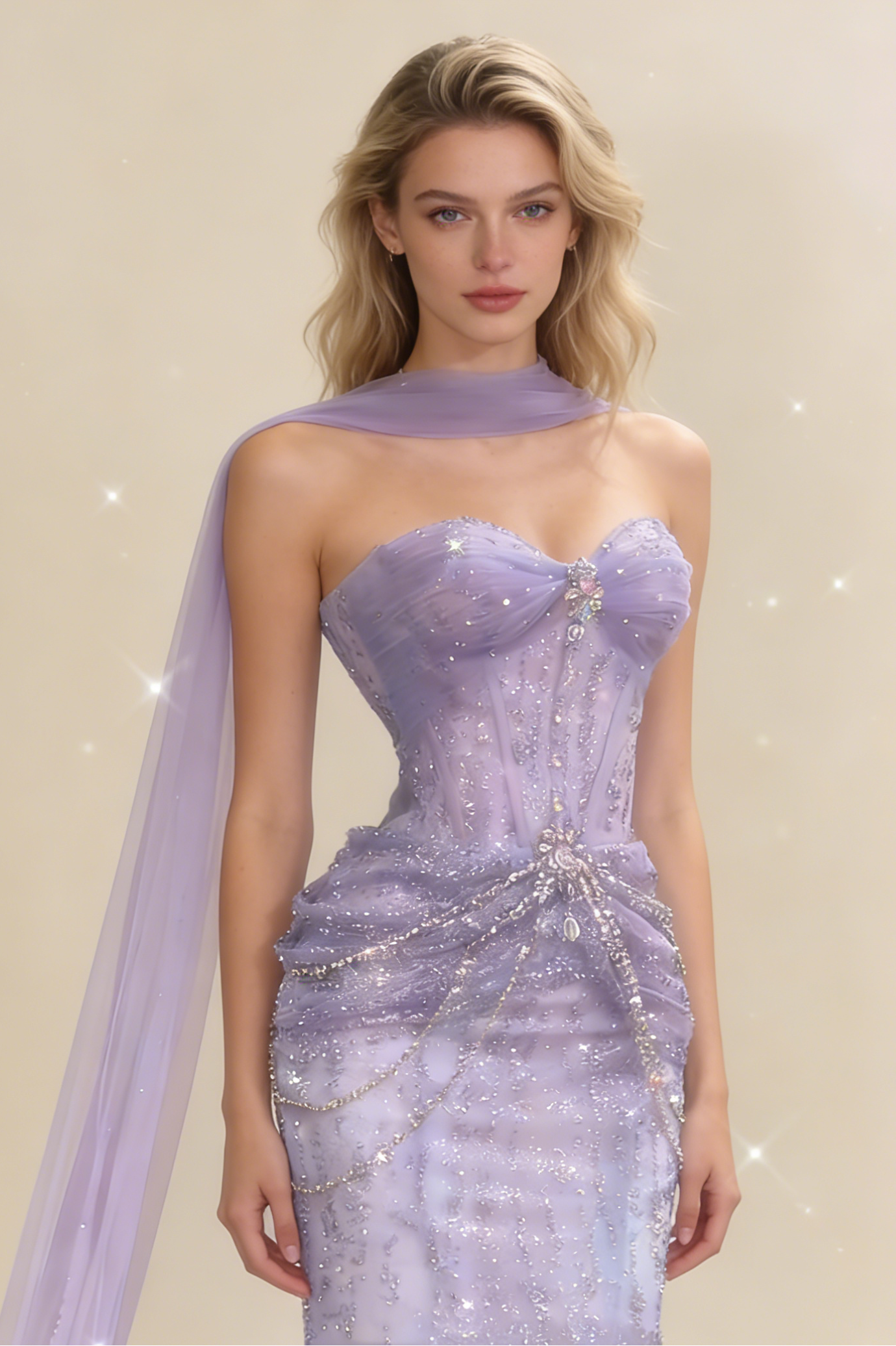 Mermaid light purple evening dress model wear 