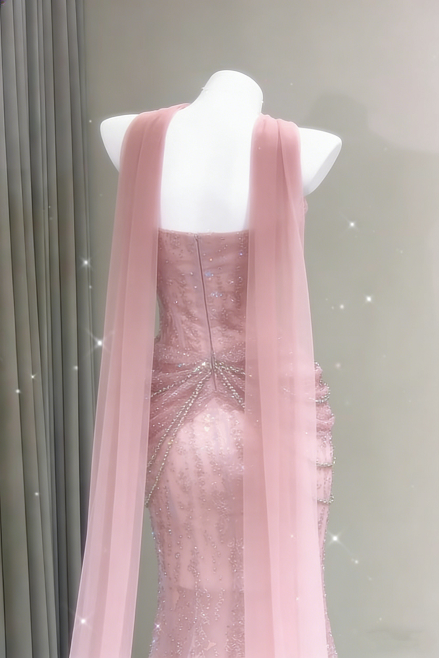 Mermaid light pink evening dress back view