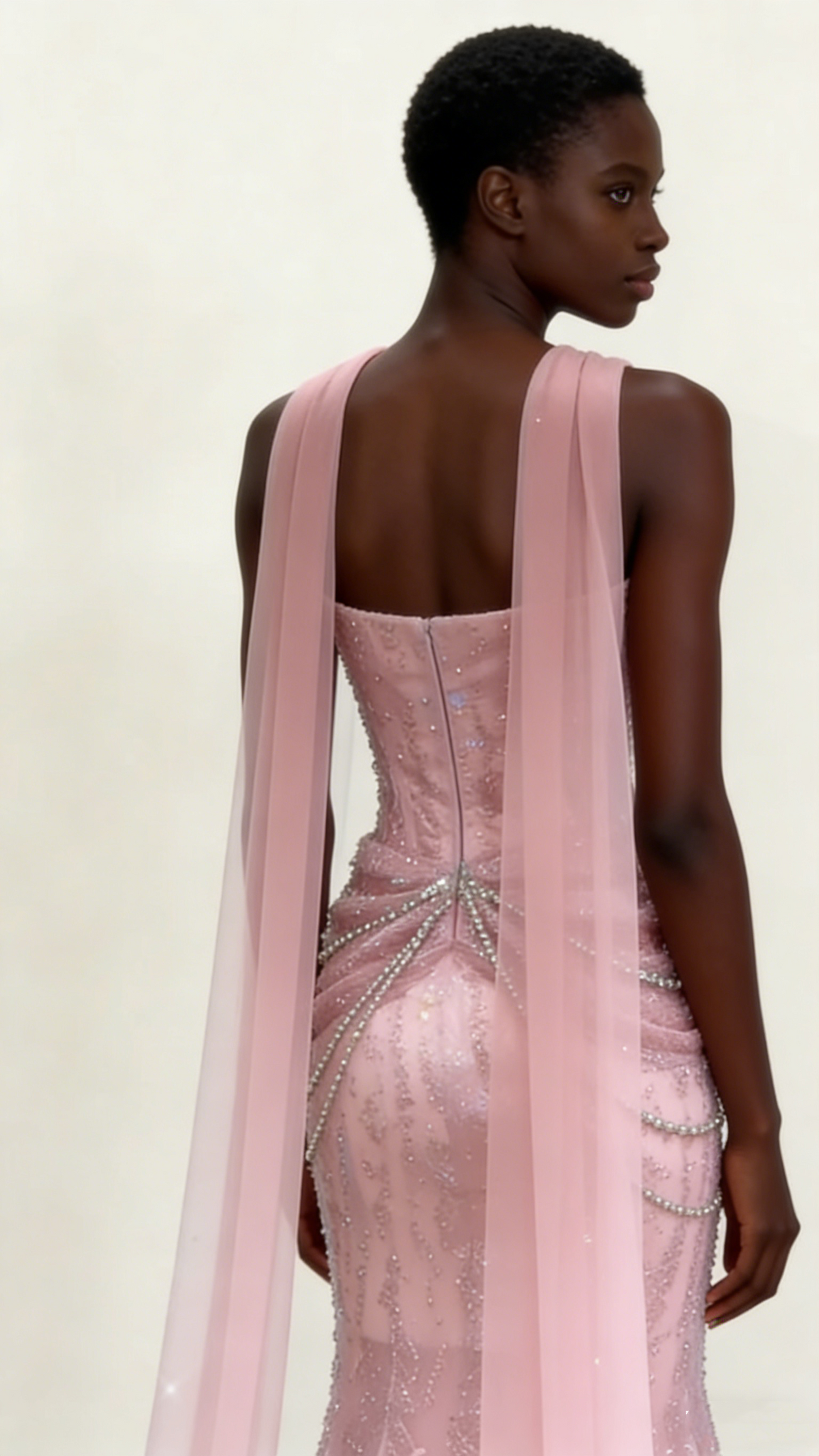 Mermaid light pink evening dress model wear back view