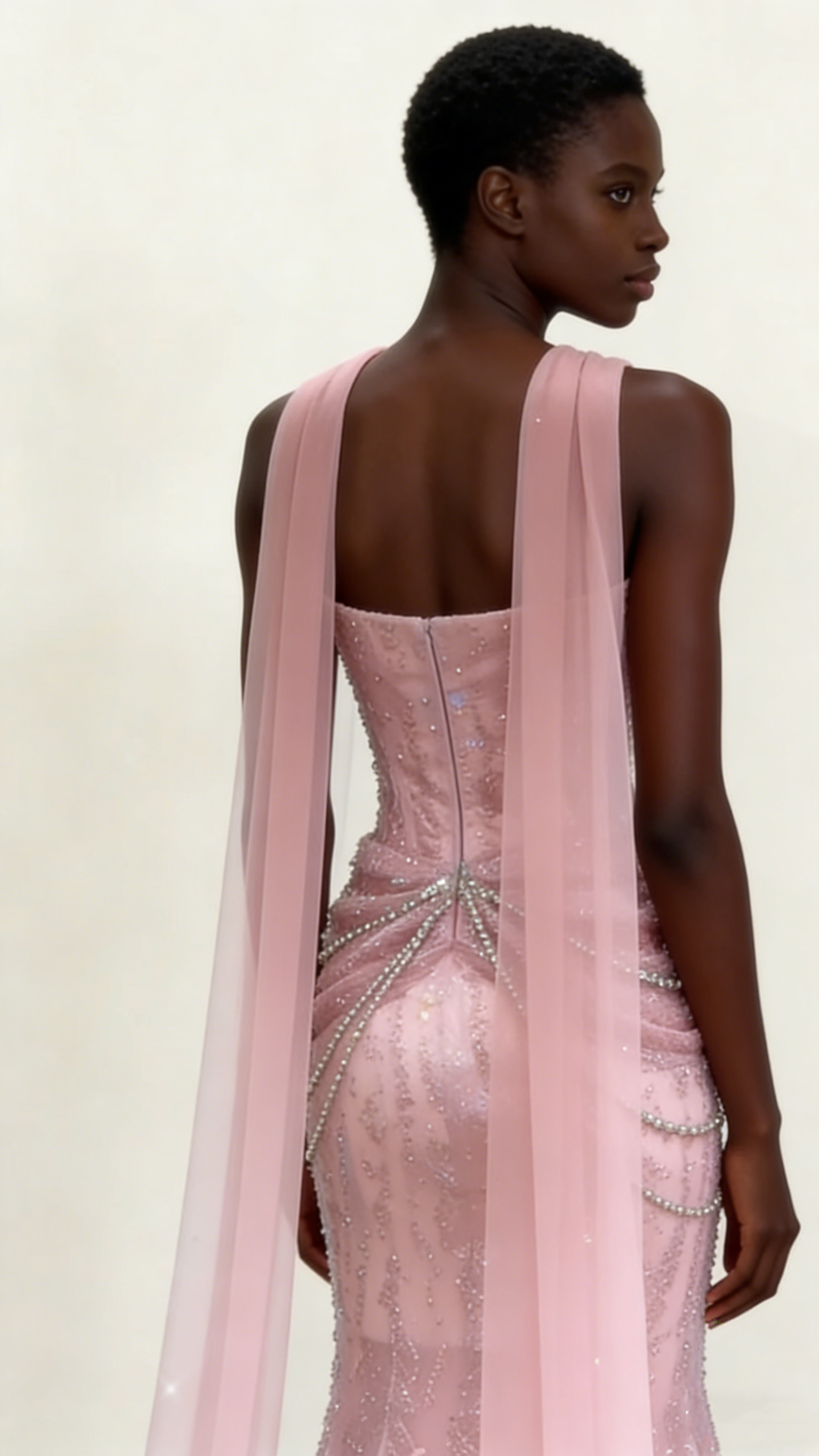Mermaid light pink evening dress model wear back view