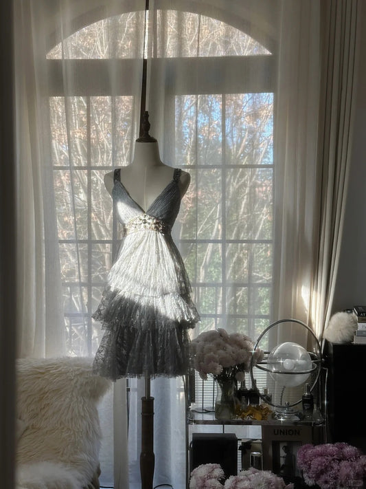 Pretty Homecoming Dress V Neck Tulle Cascade Dress Back to School Outfits Party Dress  D6429