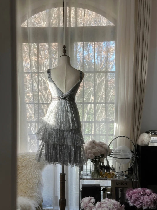 Pretty Homecoming Dress V Neck Tulle Cascade Dress Back to School Outfits Party Dress  D6429