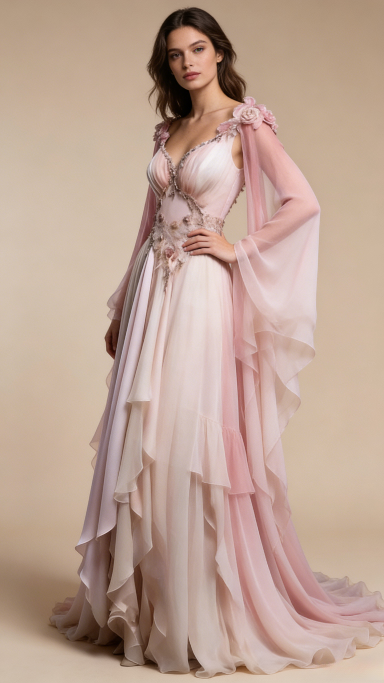 Ombre pink a line prom dress model view 