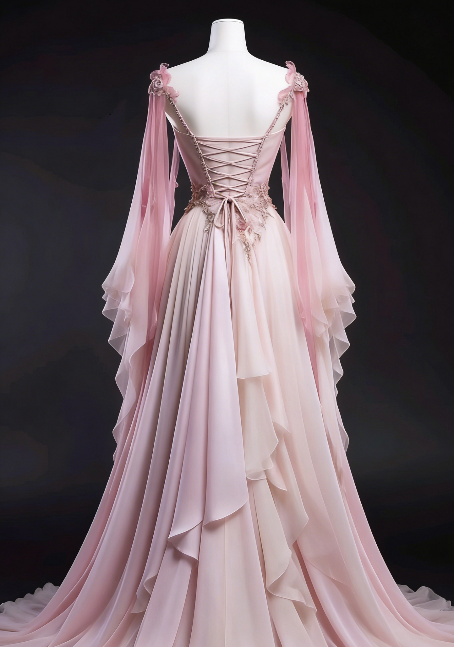 Ombre pink a line v-neck evening dress back view