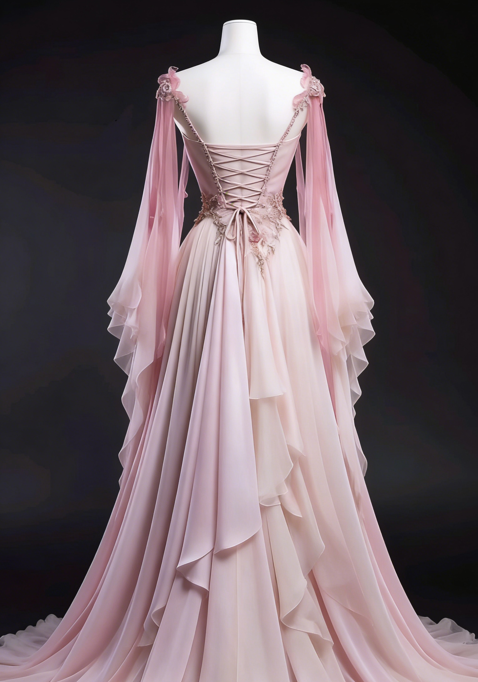 Ombre pink a line v-neck evening dress back view