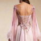 Ombre pink aline v neck evening dress back view 