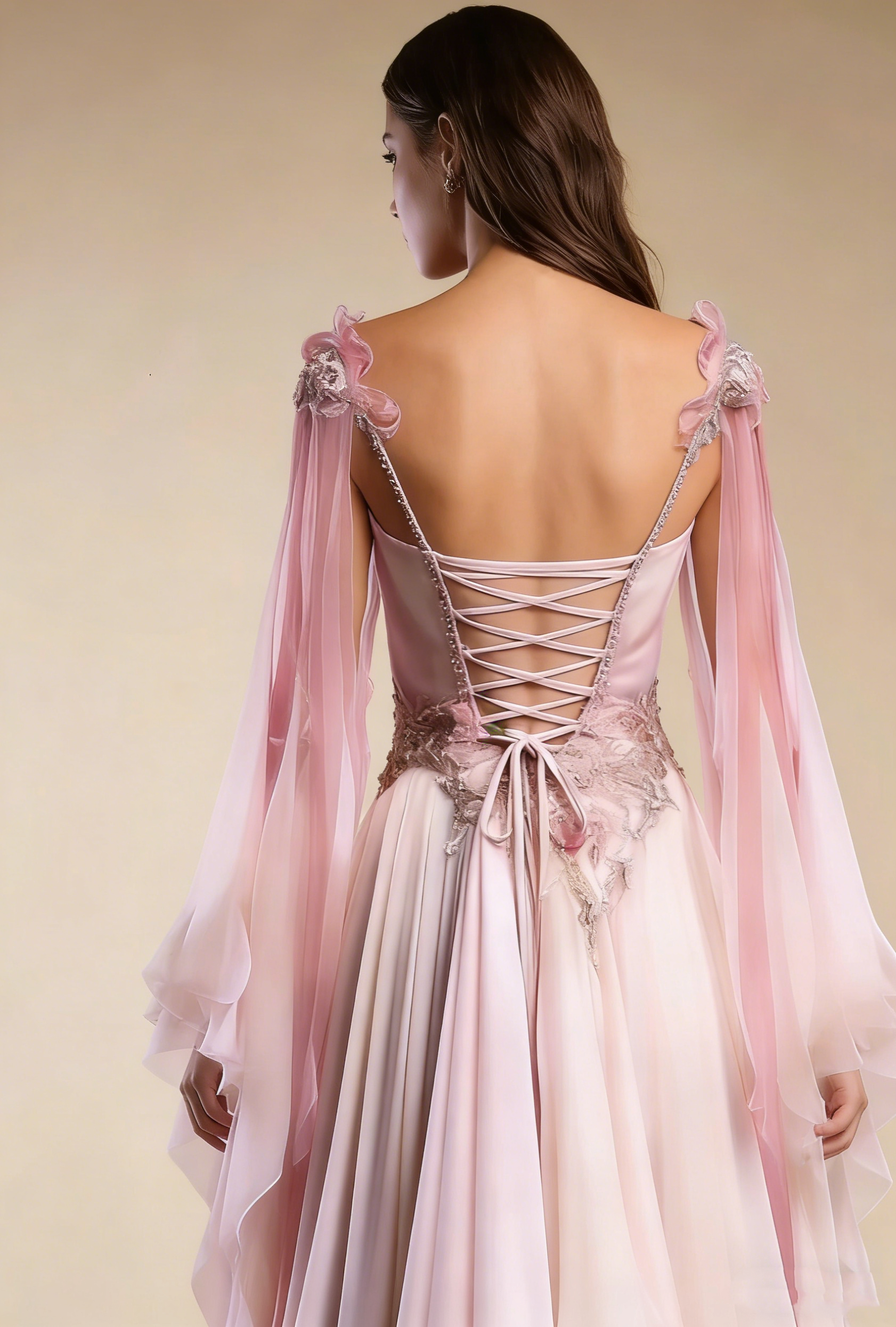 Ombre pink aline v neck evening dress back view 