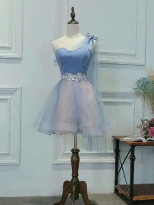 New Homecoming Dress One Shoulder Sweetheeart Tulle Applique Bowknot Back to School Outfits Party Dress D7621