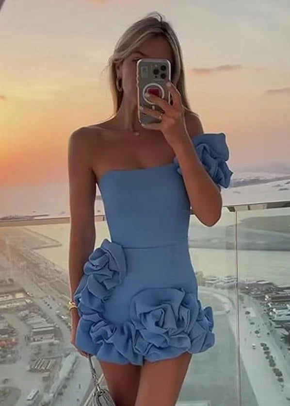 New Homecoming Dress One Shoulder Pleated Back to School Outfits Party Dress D7593