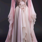 Pink A line v neck evening dress front view
