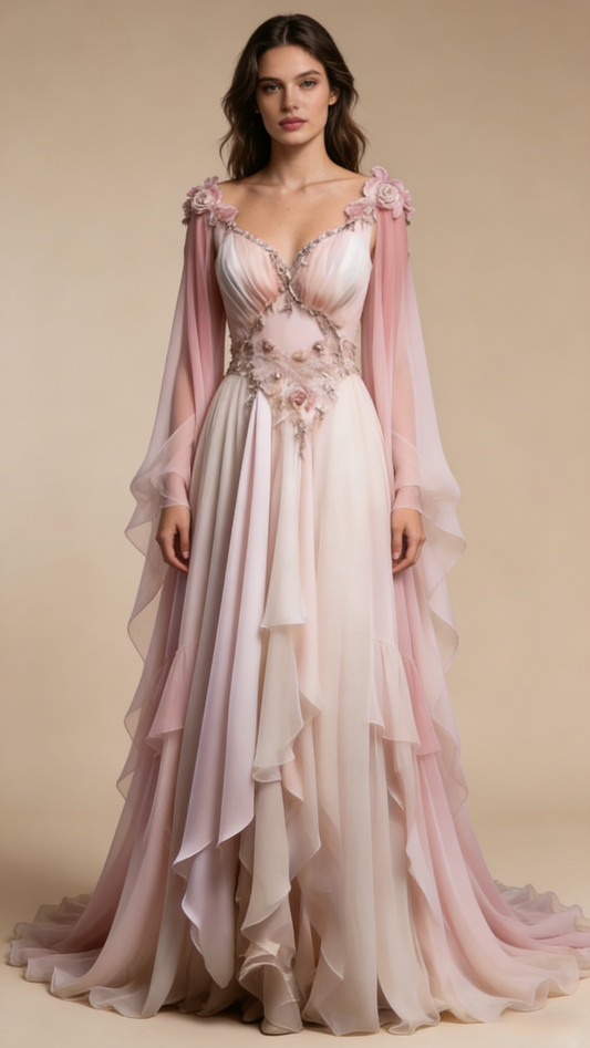 Pink A line V-neck prom dress model wear