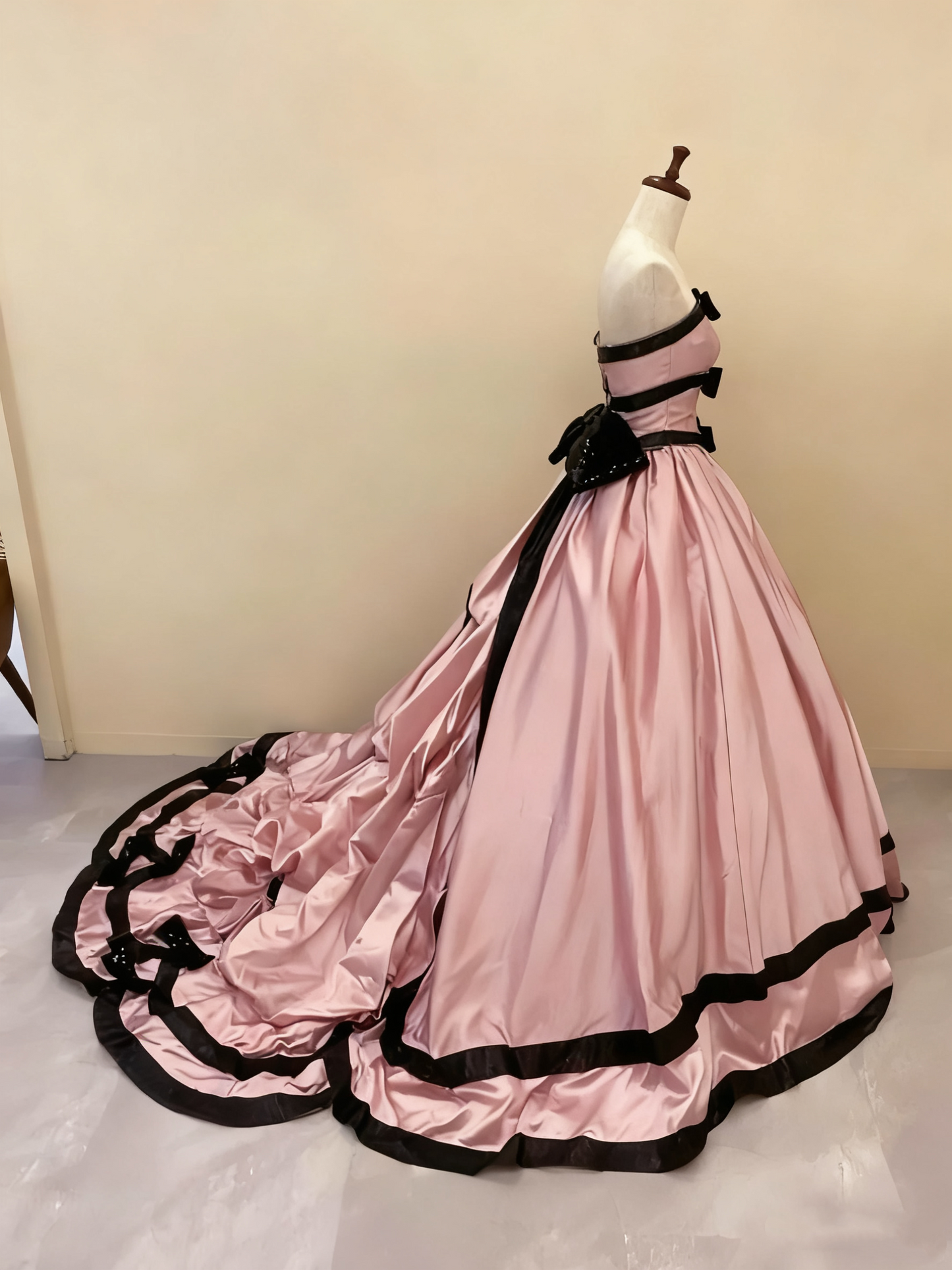 Pink satin ball gown sode view for party