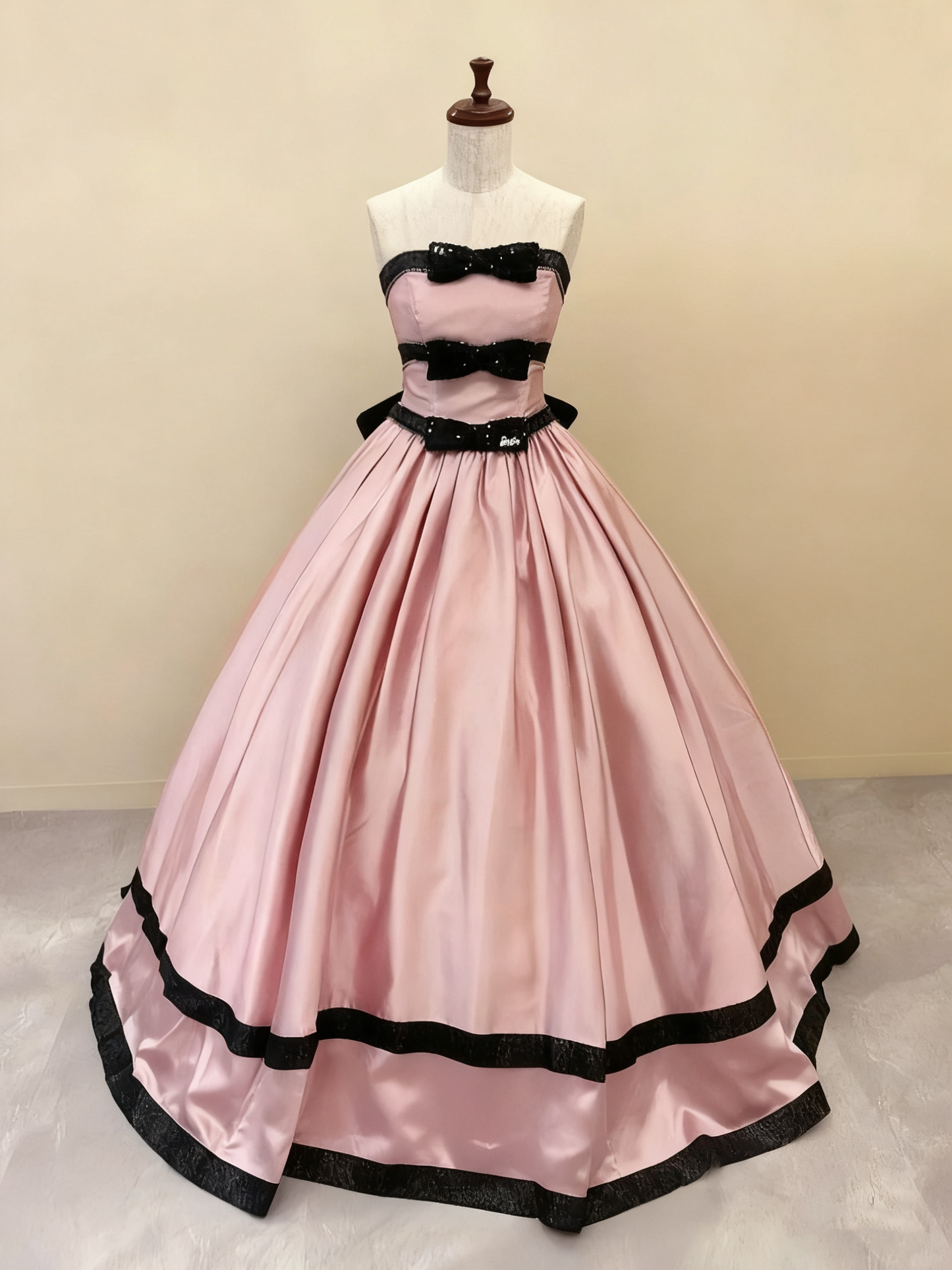 Pink satin ball gown front view