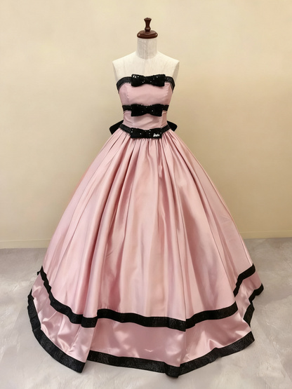 Pink satin ball gown front view