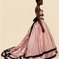 Pink satin ball gown model wearing side view