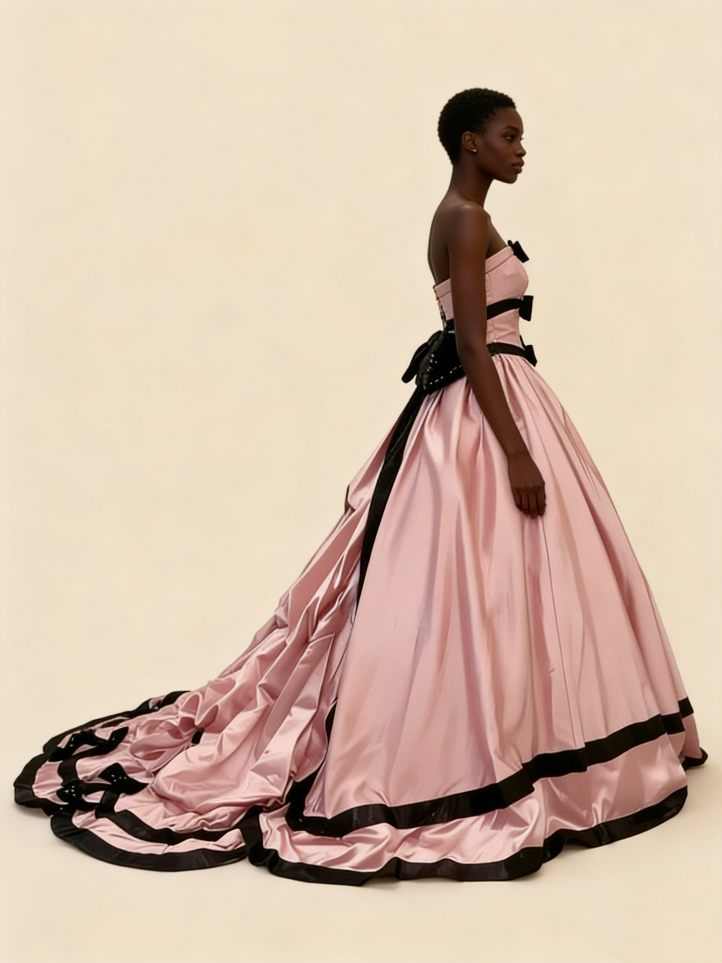 Pink satin ball gown model wearing side view