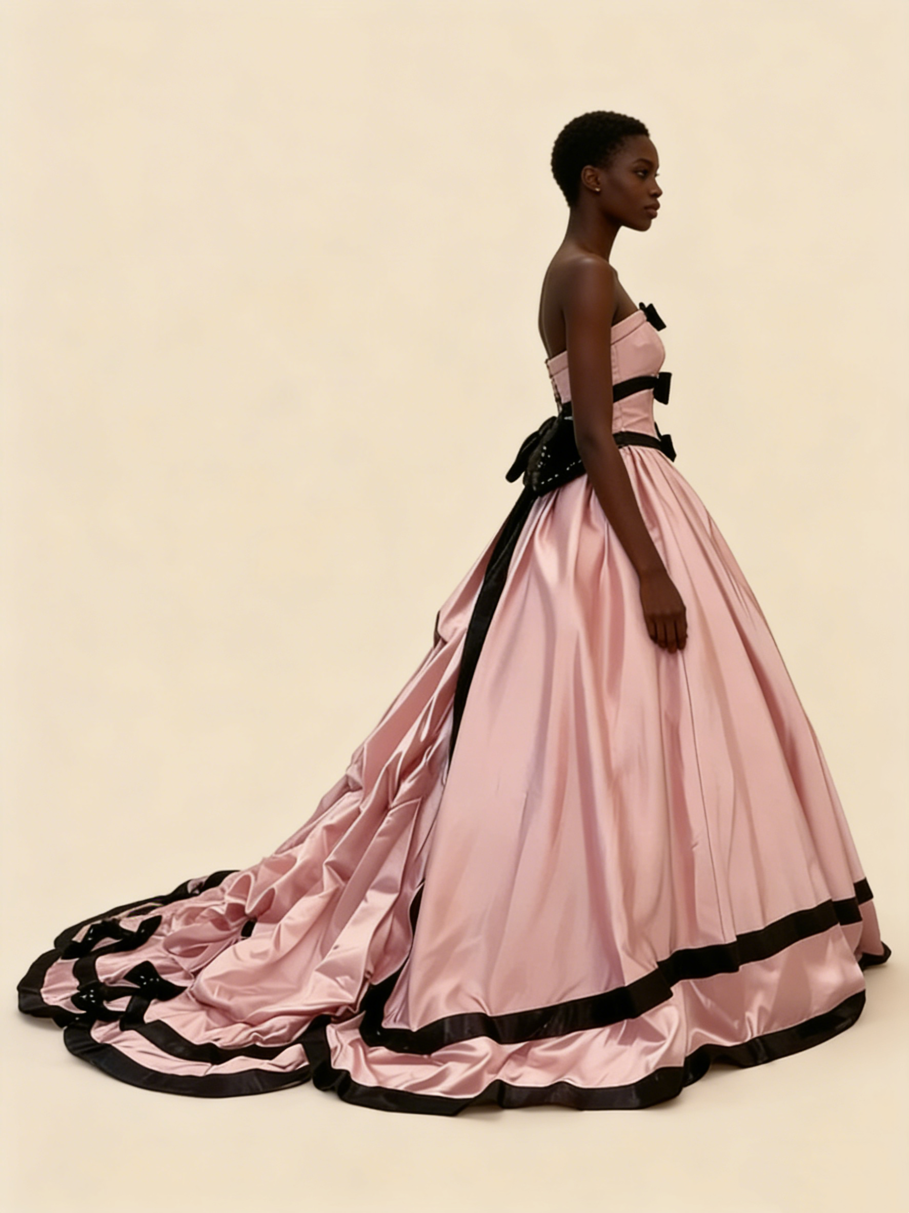 Pink satin ball gown model wearing side view