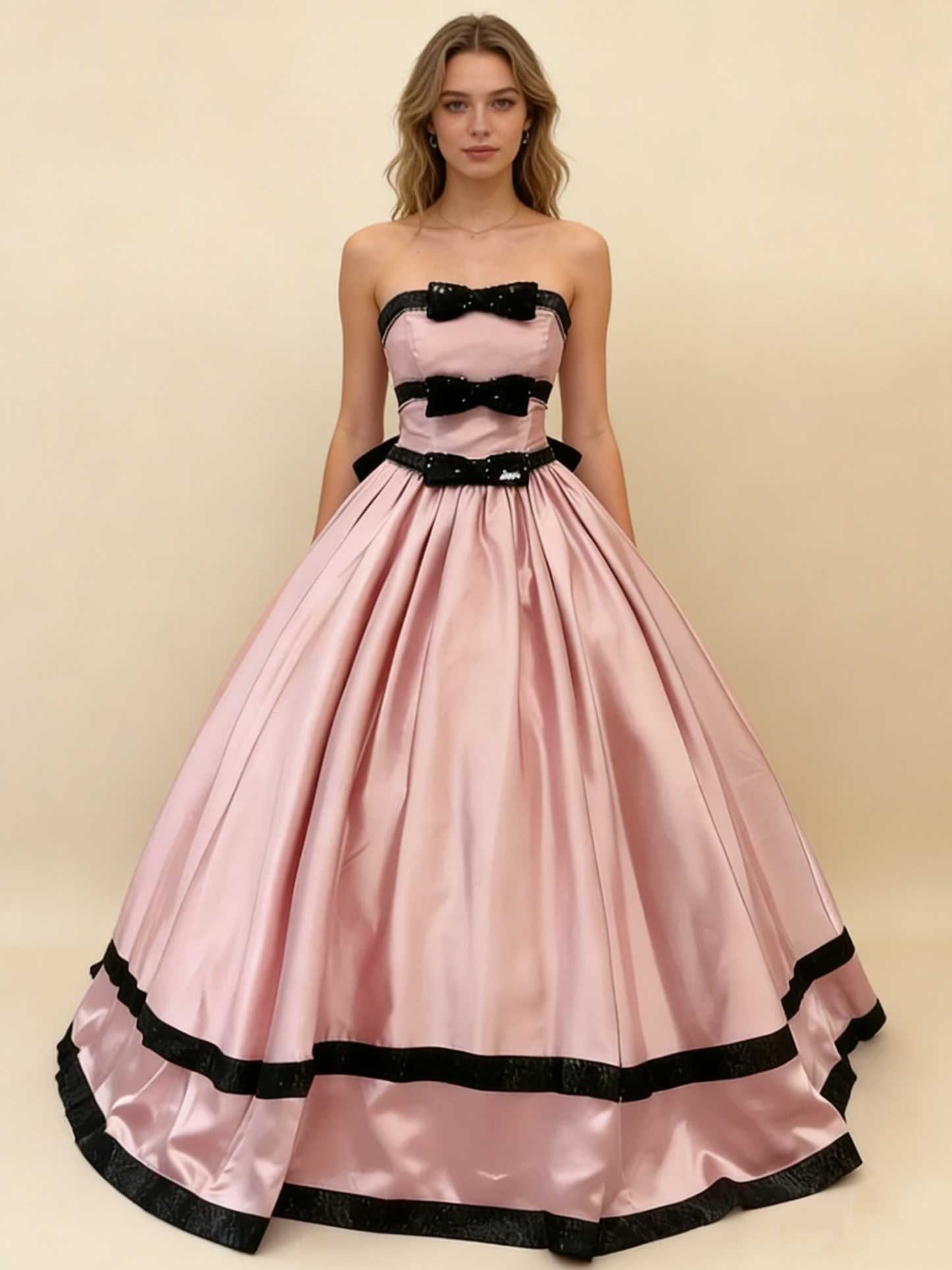 Pink satin ball gown model wearing front view