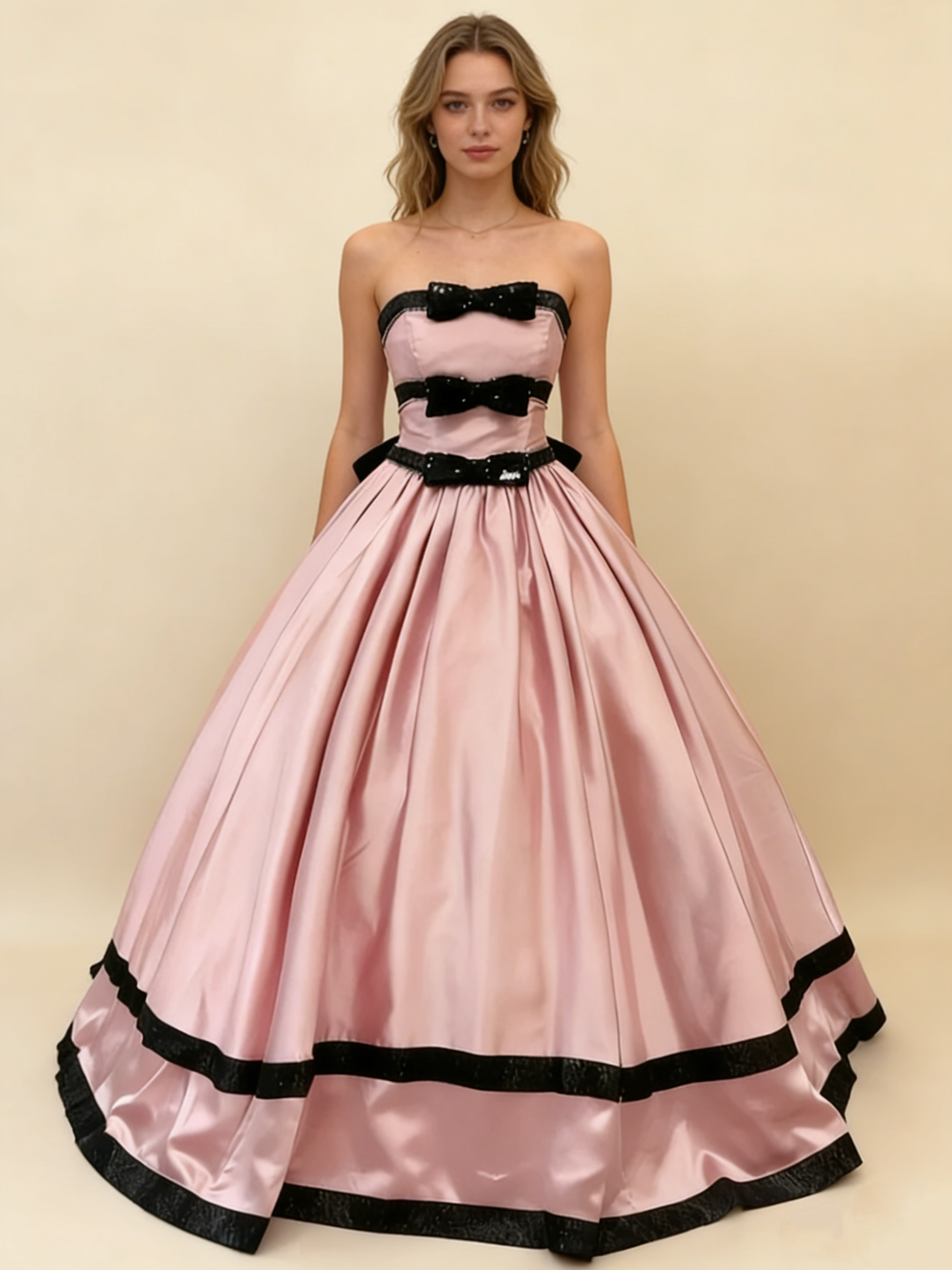 Pink satin ball gown model wearing front view