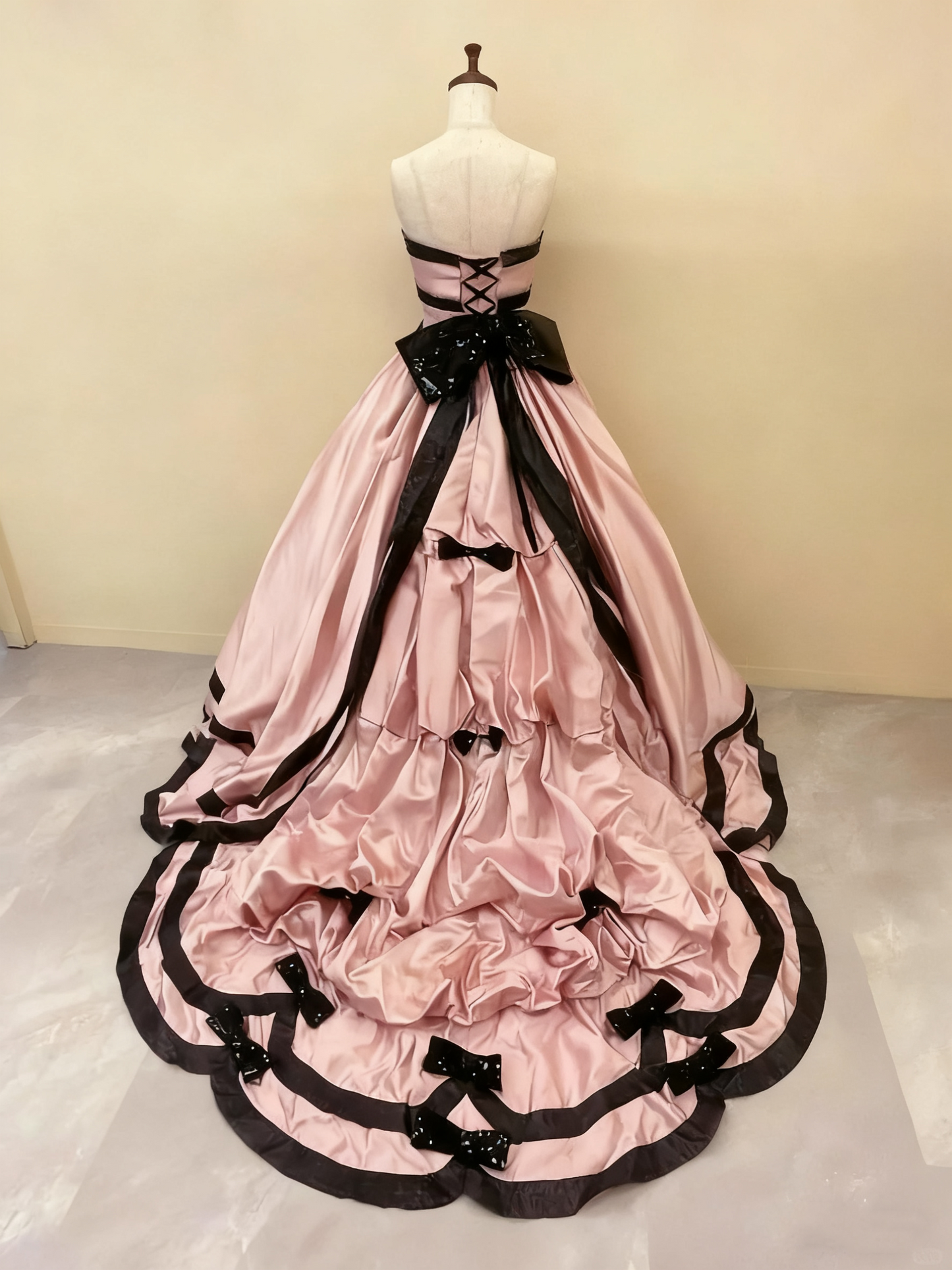 Pink satin ball gown back view for quinceanera
