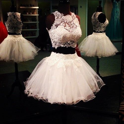 Charming Homecoming Dress Jewel Backless Applique Lace Rinestone Two Pieces Back to School Outfits Party Dress  D7497