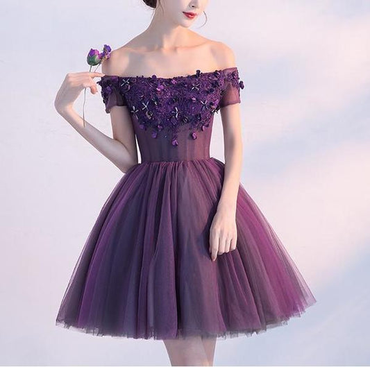 Charming Homecoming Dress Off the Shoulder Applique Tulle Flower Back to School Outfits Party Dress  D7483