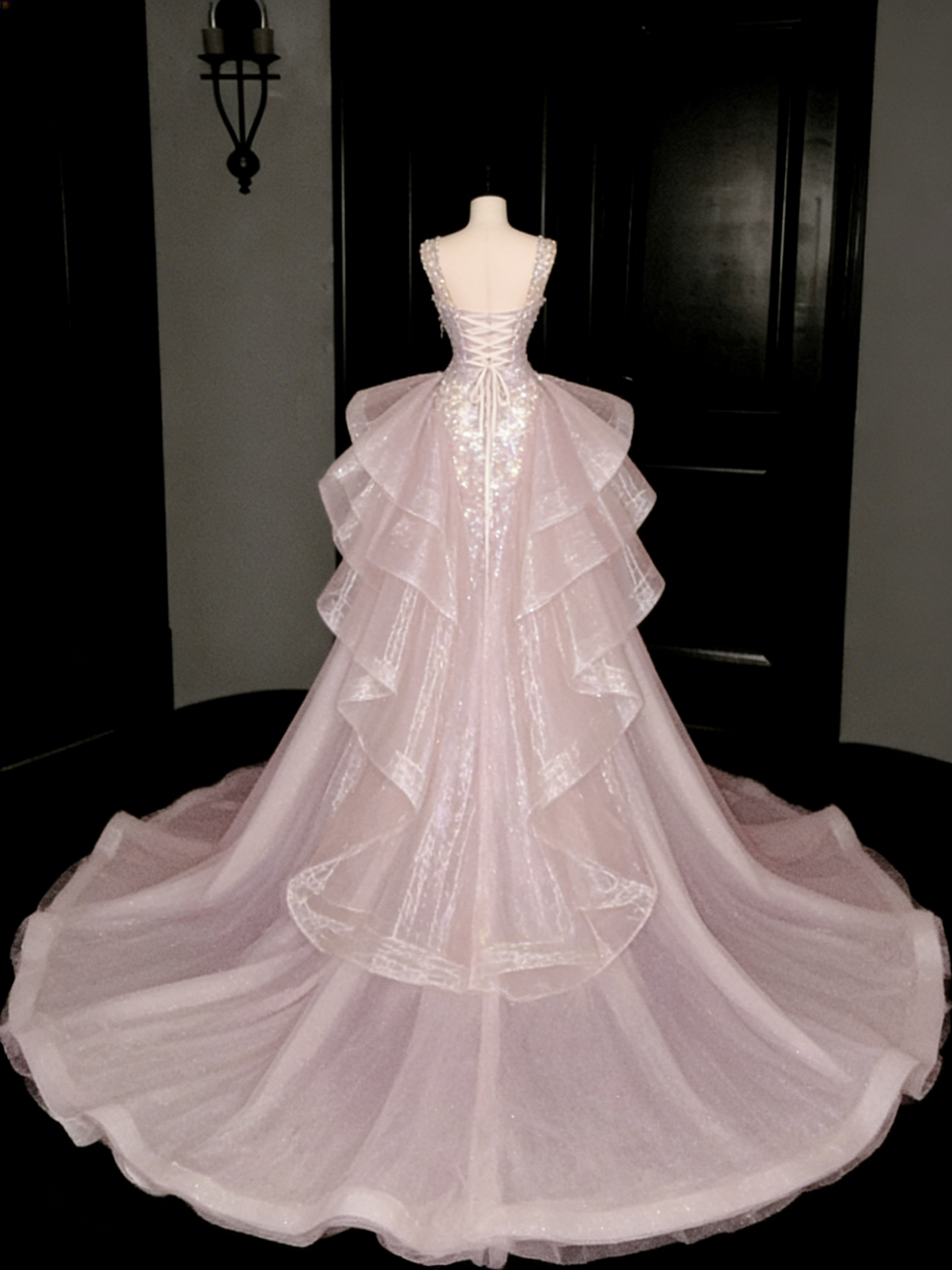 Pink mermaid evening gown with train back view