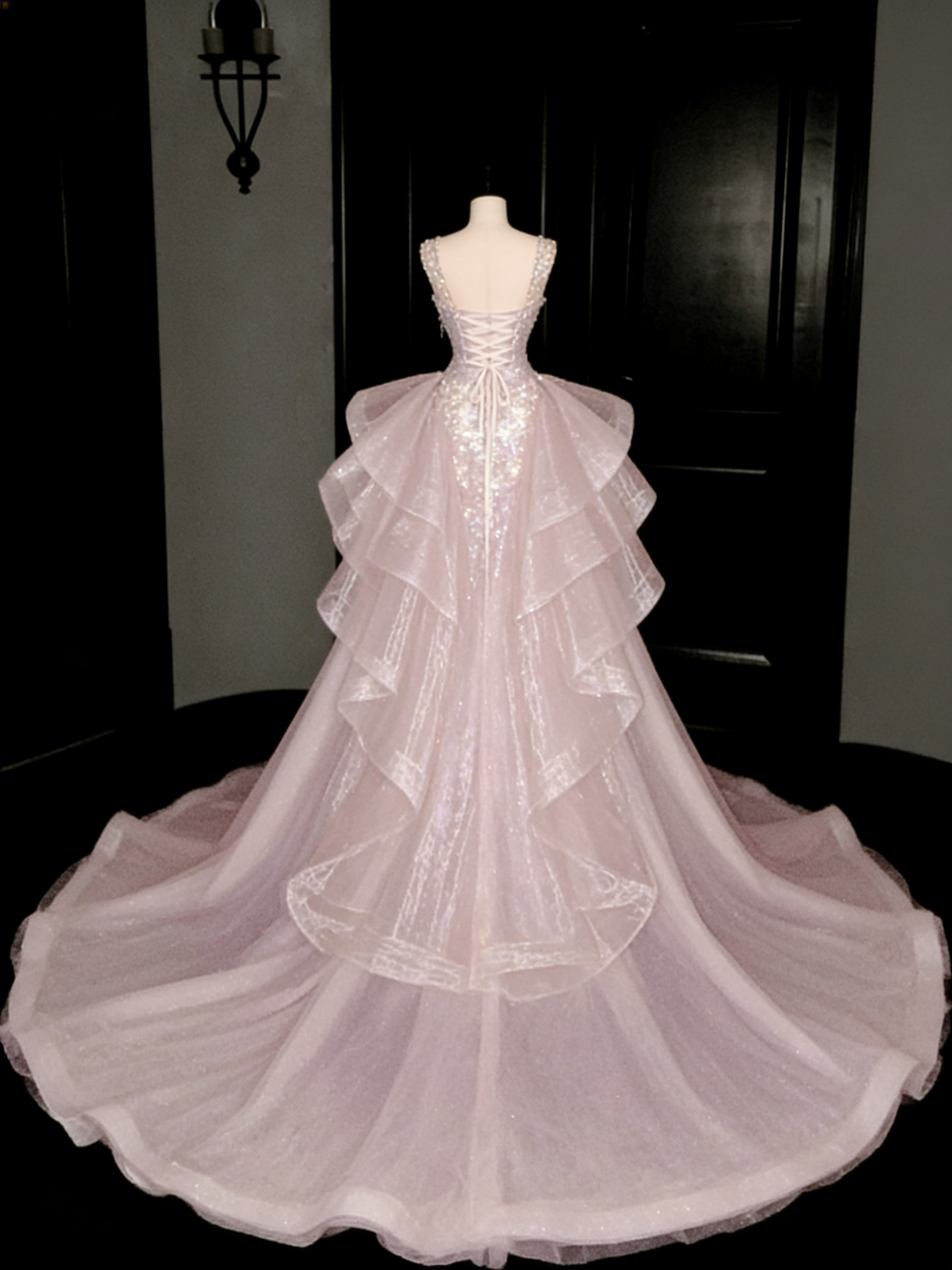 Pink mermaid evening gown with train back view