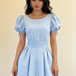 A line light blue formal dress for prom