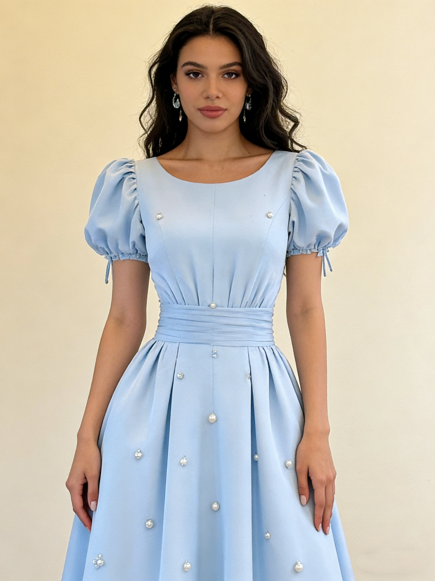 A line light blue formal dress for prom