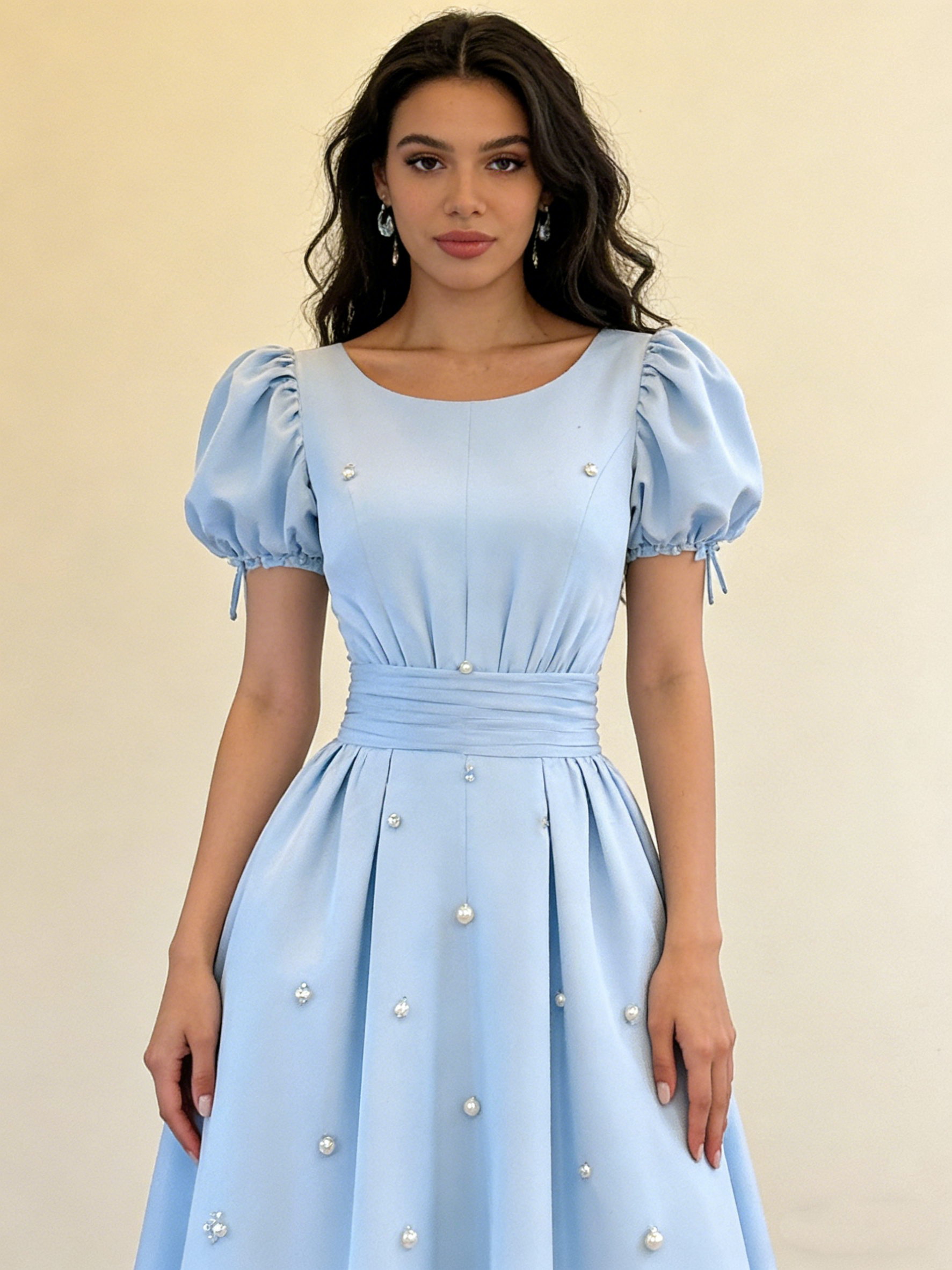 A line light blue formal dress for prom