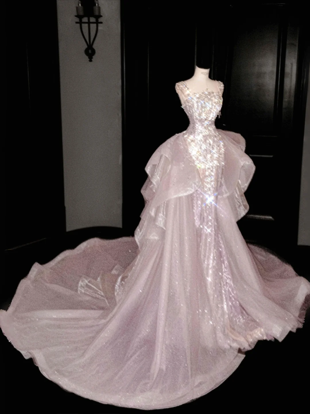 Pink mermaid evening gown with trian