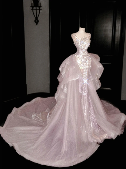 Pink mermaid evening gown with trian