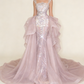 Pink mermaid prom dress model wearing with trian