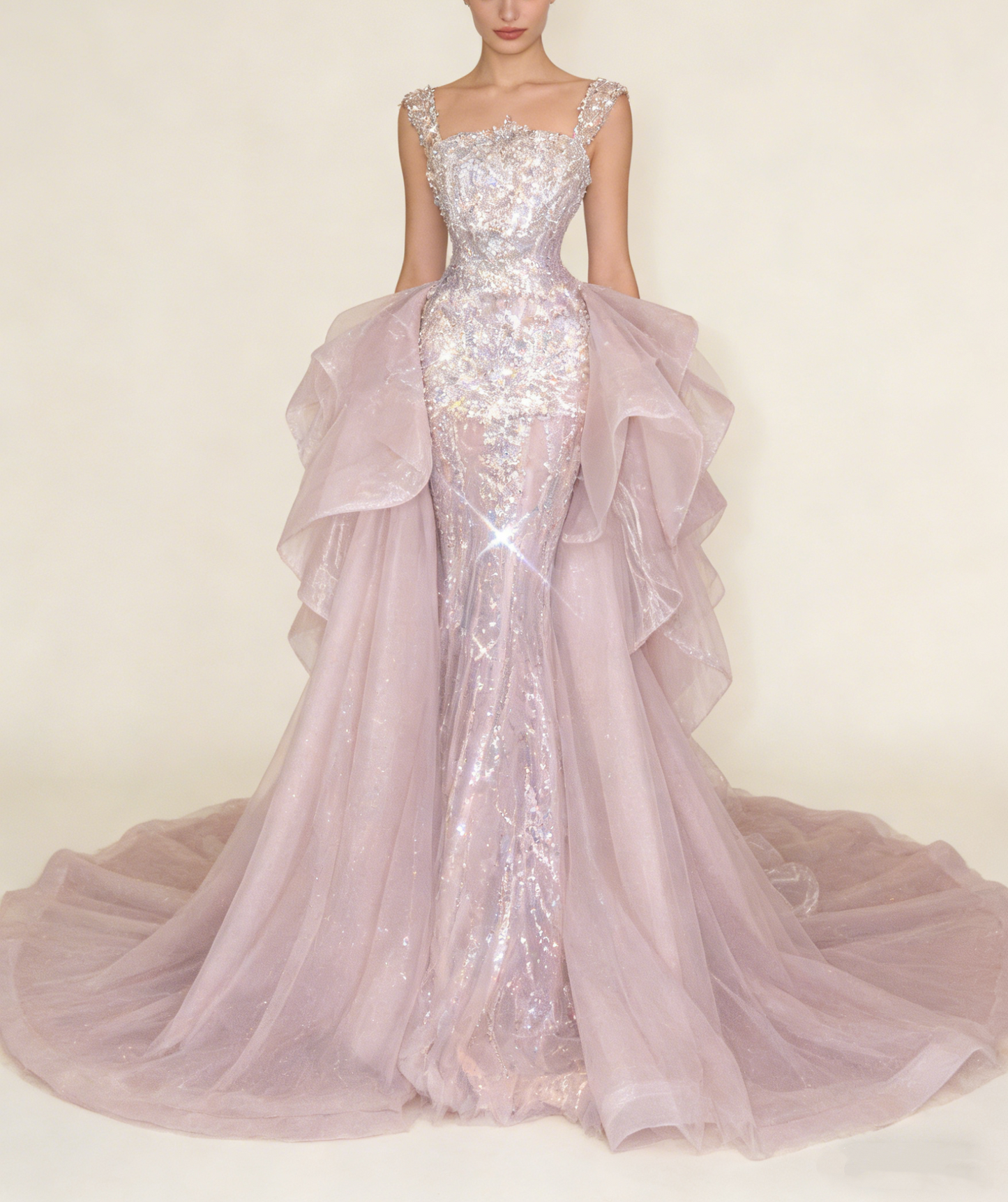 Pink mermaid prom dress model wearing with trian