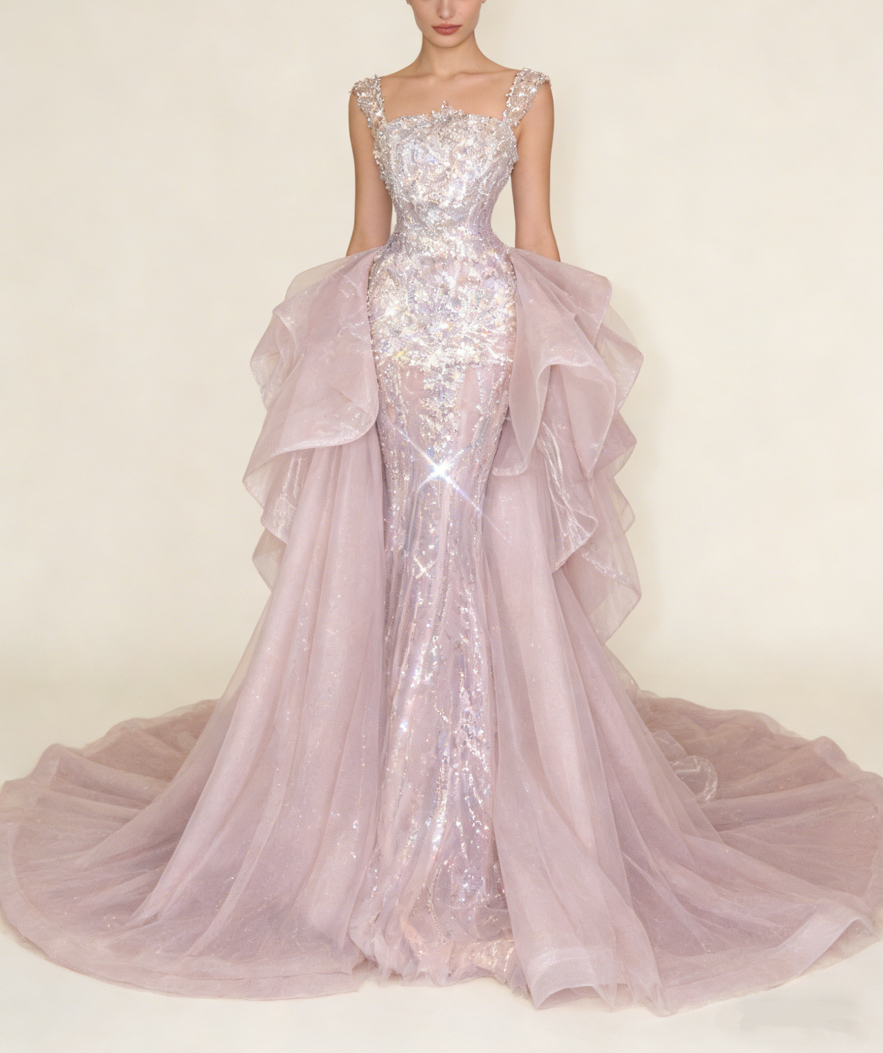 Pink mermaid prom dress model wearing with trian