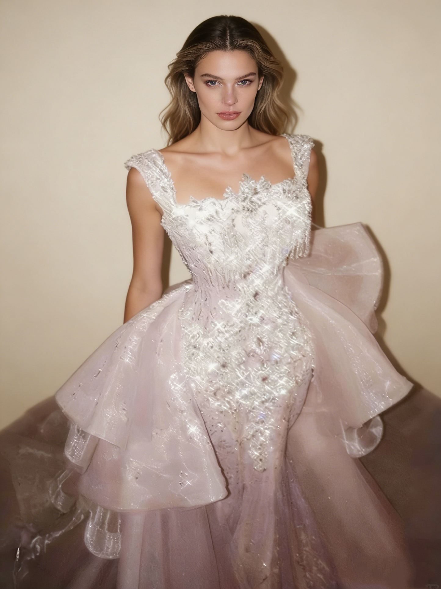 Pink mermaid evening gown with train derail view 