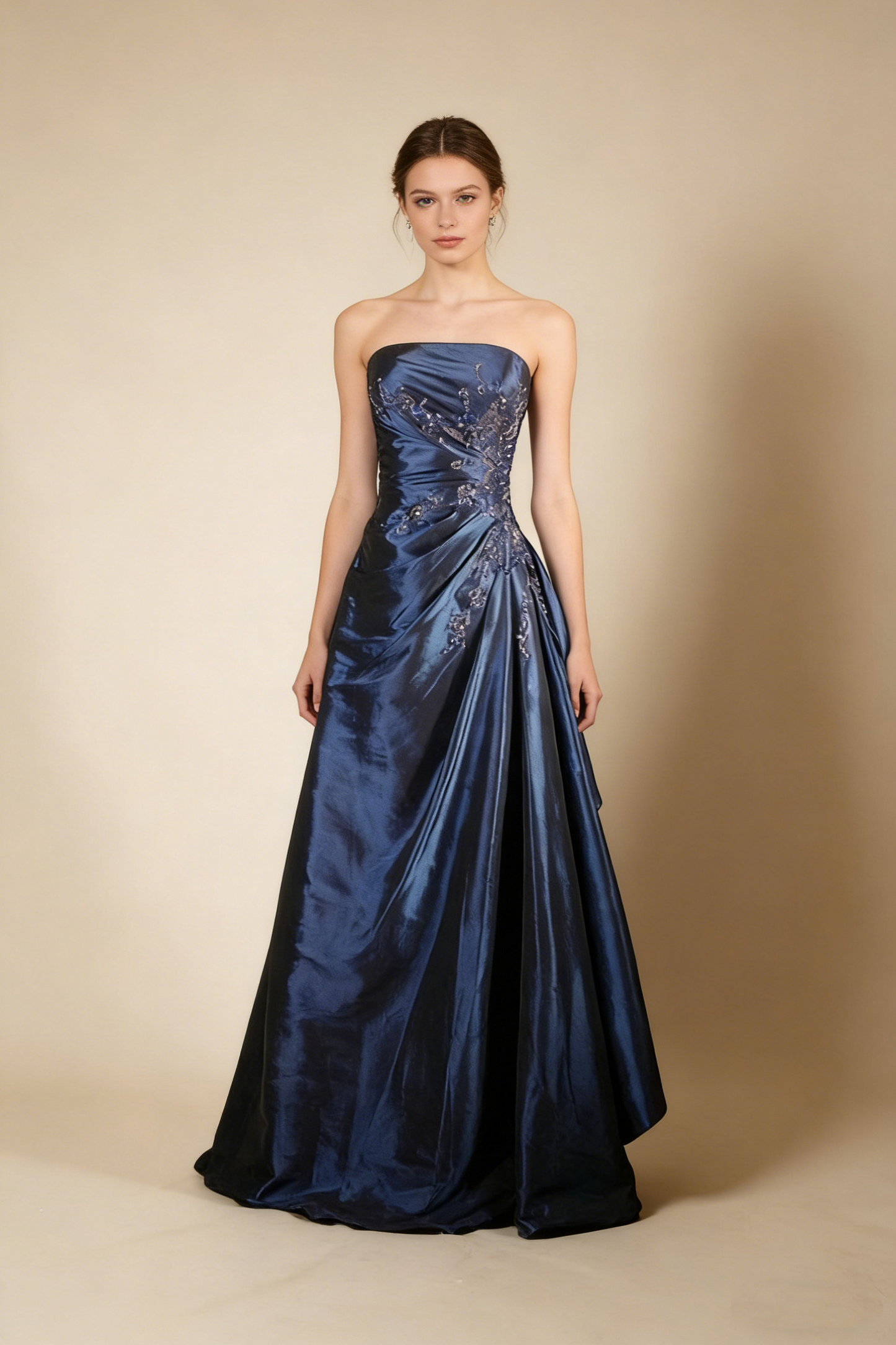 Navy blue satin A line evening dress for prom