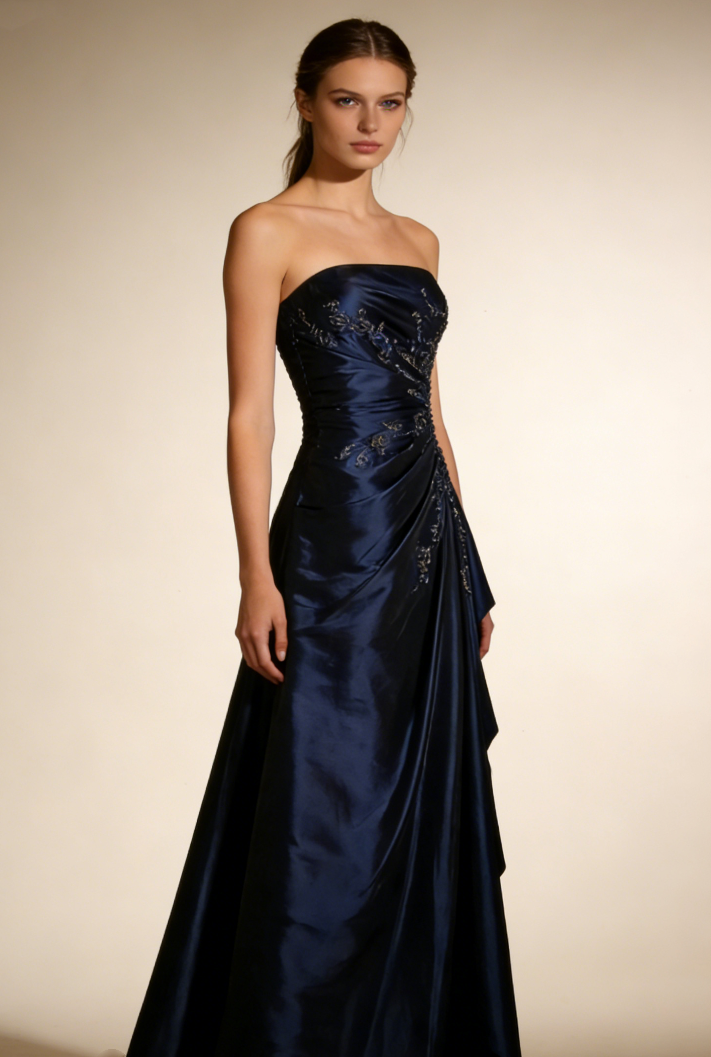 Navy blue satin A line prom dress for evening