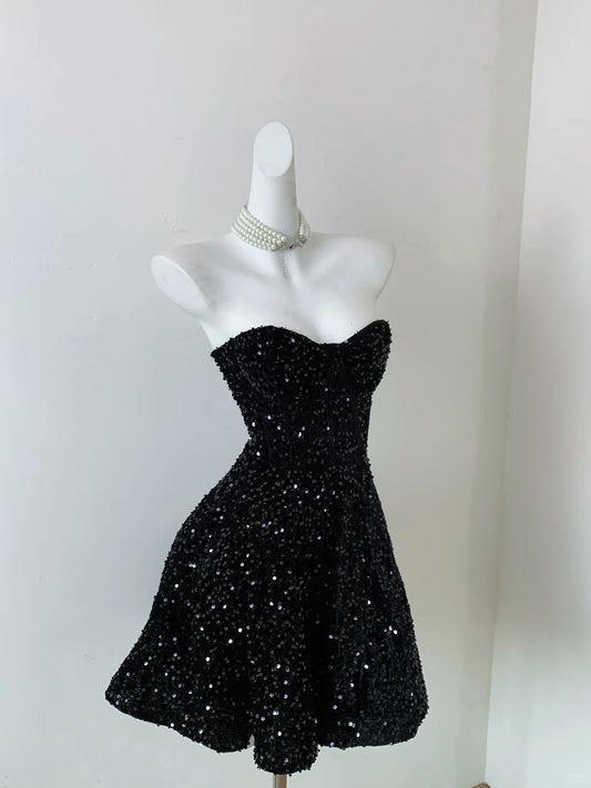 Vintage Black Strapless Sequin A-line Sweetheart Party Dresses Homecoming Dresses, D1336