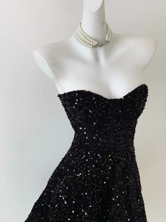 Vintage Black Strapless Sequin A-line Sweetheart Party Dresses Homecoming Dresses, D1336