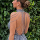 Vintage Navy Blue Appliqued Beaded Backless Design A-line Tulle Party Dress Homecoming Dress D1536