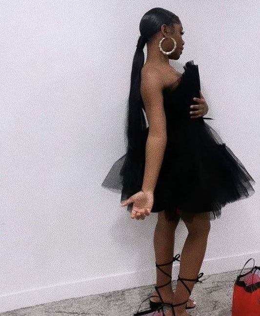 New Homecoming Dress  A-Line Black Strapless Tulle Back to School Outfits Party Dress D7596