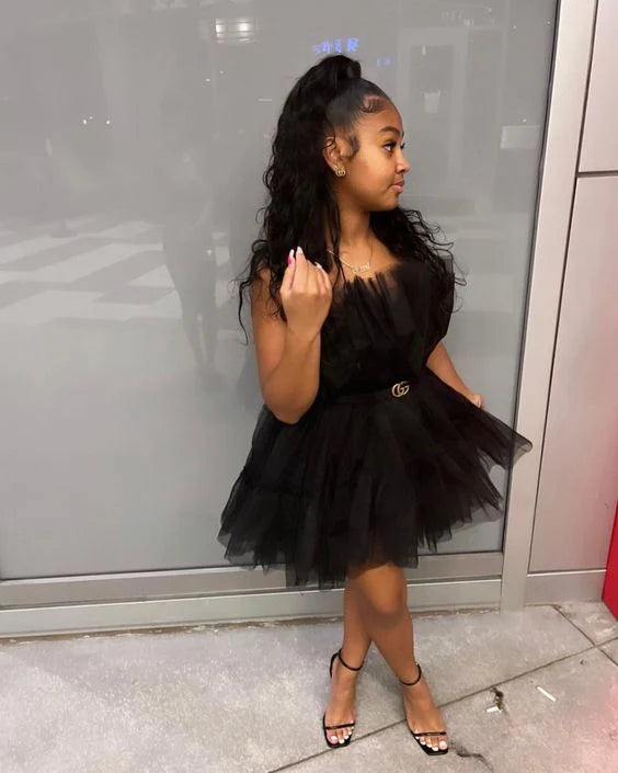 New Homecoming Dress  A-Line Black Strapless Tulle Back to School Outfits Party Dress D7596