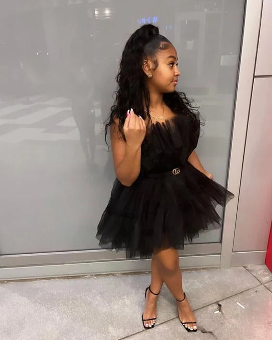 New Homecoming Dress  A-Line Black Strapless Tulle Back to School Outfits Party Dress D7596