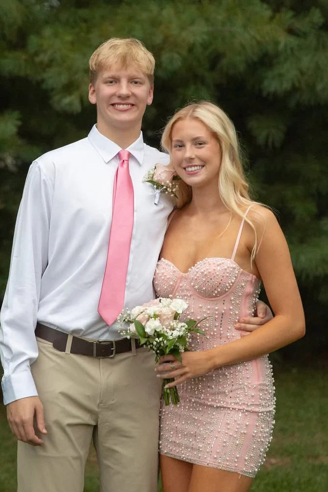 Beautiful Homecoming Dress Spaghetti Strap Pearl Sequins Back to School Outfits Party Dress D7290