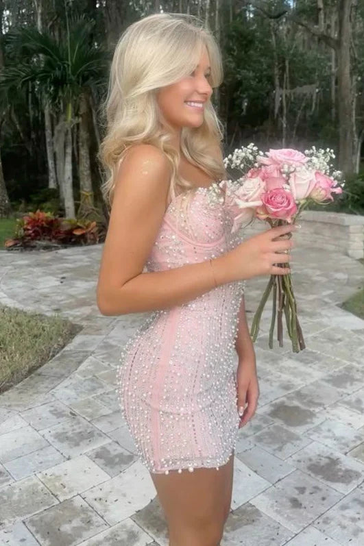 Beautiful Homecoming Dress Spaghetti Strap Pearl Sequins Back to School Outfits Party Dress D7290